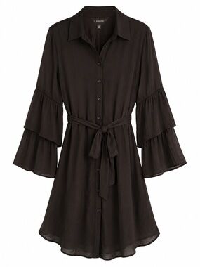 Naked Zebra Black Button-Front Tiered Bell Sleeve Shirt Dress with Tie